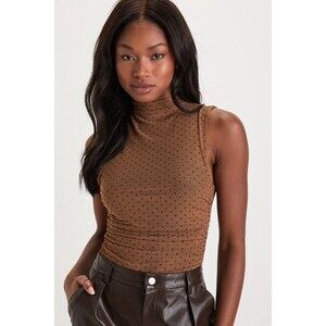 Lulus Upscale Impulse Brown Mesh Swiss Dot Mock Neck Bodysuit - Size XS